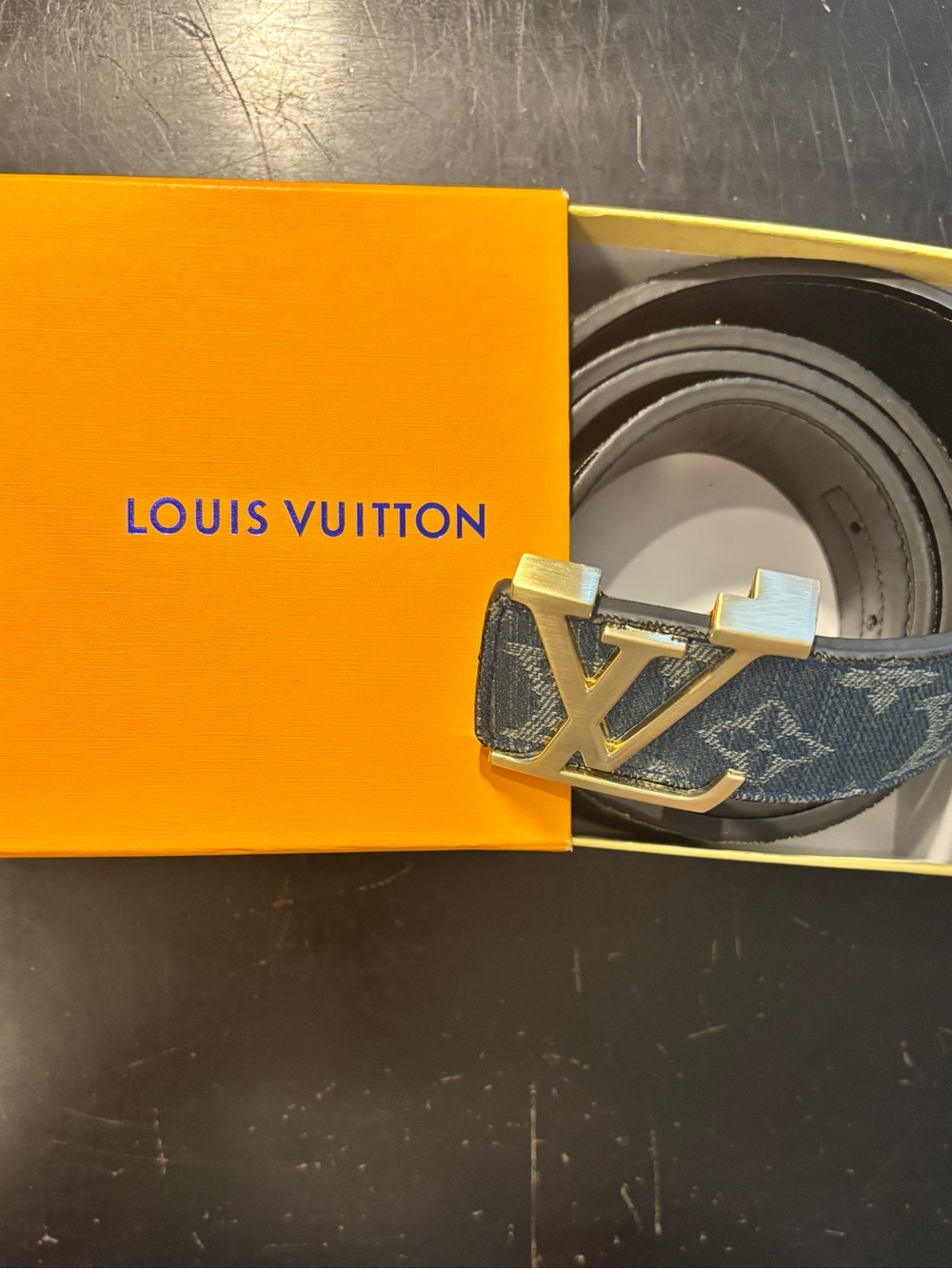Louis Vuitton Monogram Denim Belt with Gold LV Buckle - Blue